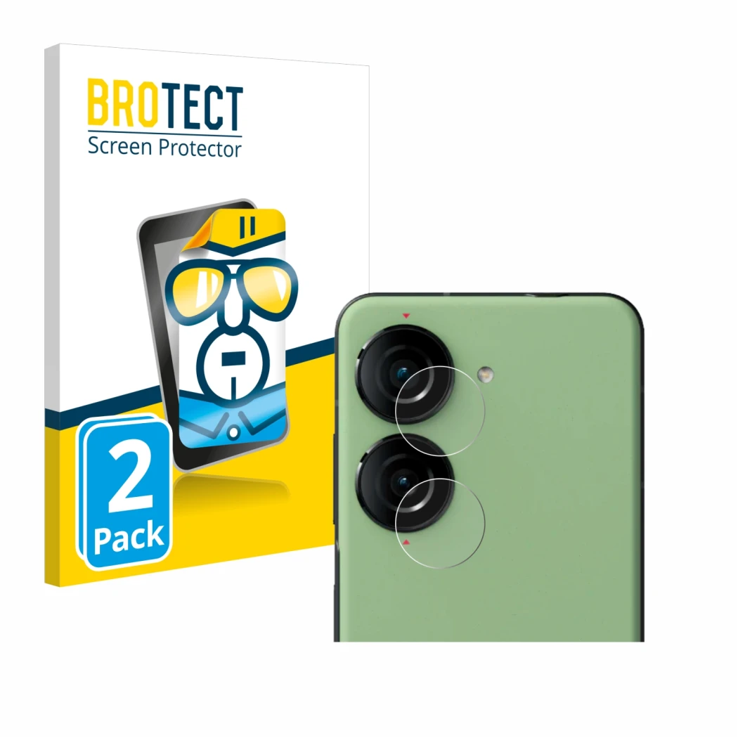 Front side of a product packaging with the brand logo BROTECT. Next to it is the device ASUS ZenFone 10 (ONLY Camera Lens) sho