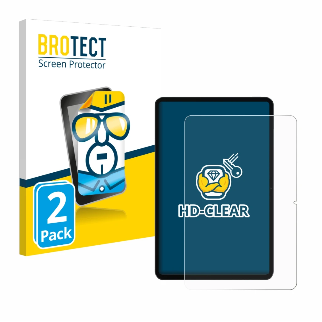 Front side of a product packaging with the brand logo BROTECT. Next to it is the device Xiaomi Pad 6 shown with the correspond