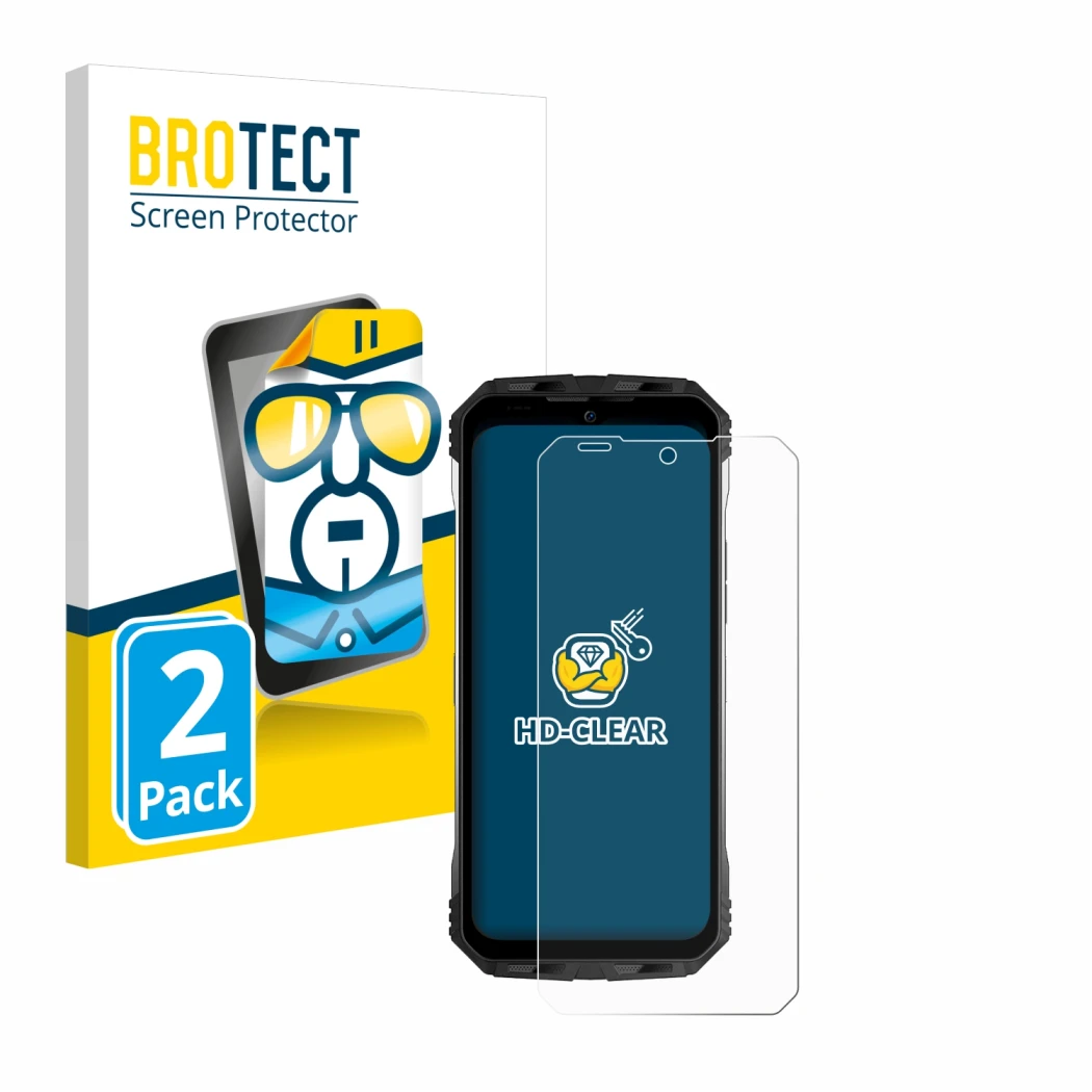 Front side of a product packaging with the brand logo BROTECT. Next to it is the device Doogee S100 Pro shown with the corresp