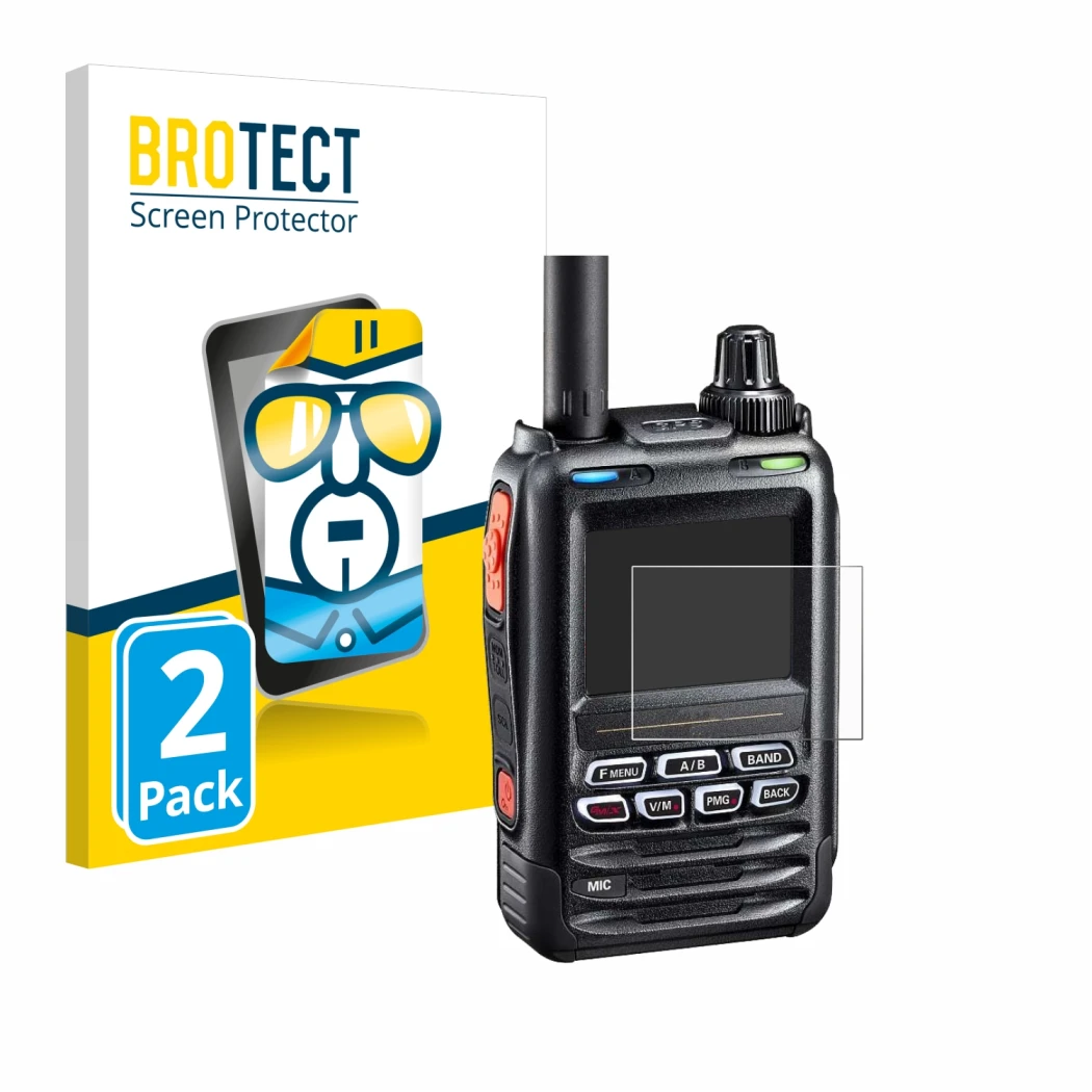 Front side of a product packaging with the brand logo BROTECT. Next to it is the device Yaesu FT-5DE/DR shown with the corresp