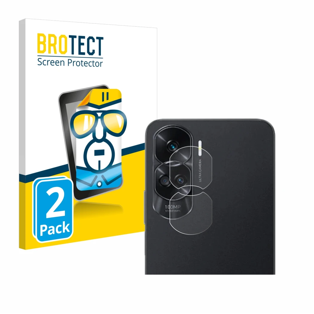 Front side of a product packaging with the brand logo BROTECT. Next to it is the device Honor 90 Lite (ONLY Camera Lens) shown