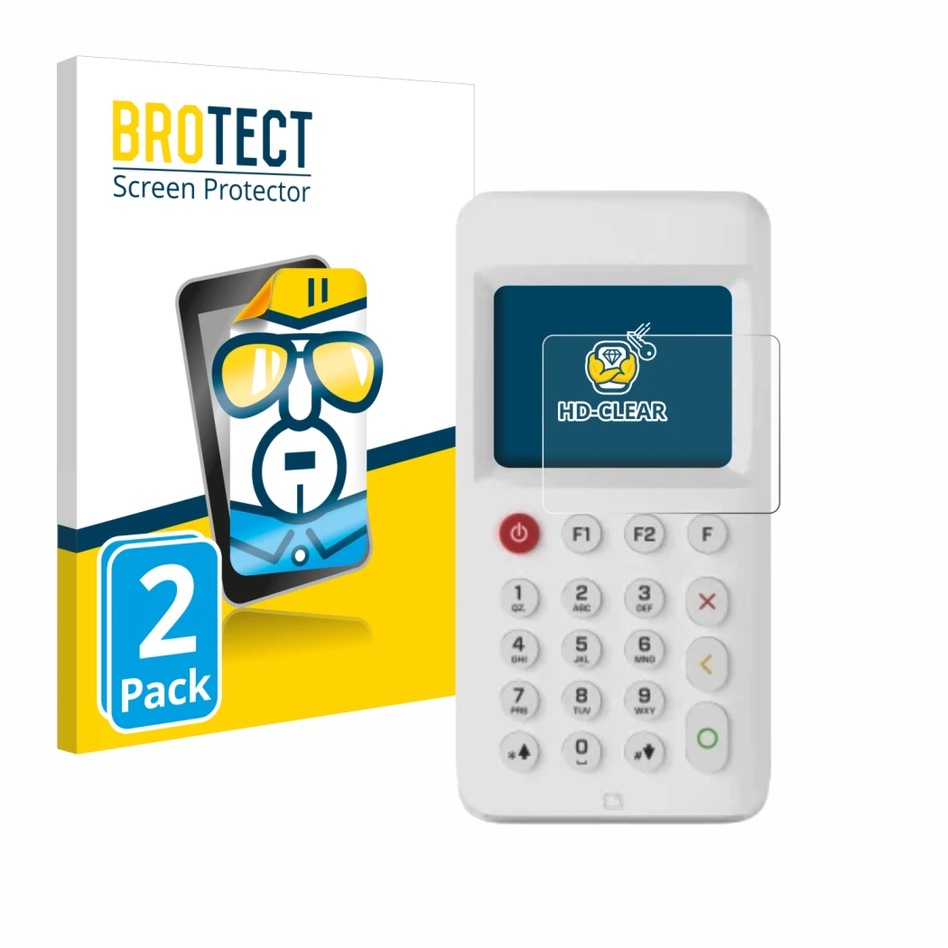 Front side of a product packaging with the brand logo BROTECT. Next to it is the device myPOS Go 2 shown with the correspondin