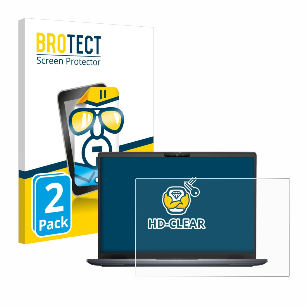 Front side of a product packaging with the brand logo BROTECT. Next to it is the device Dell Latitude 7340 shown with the corr