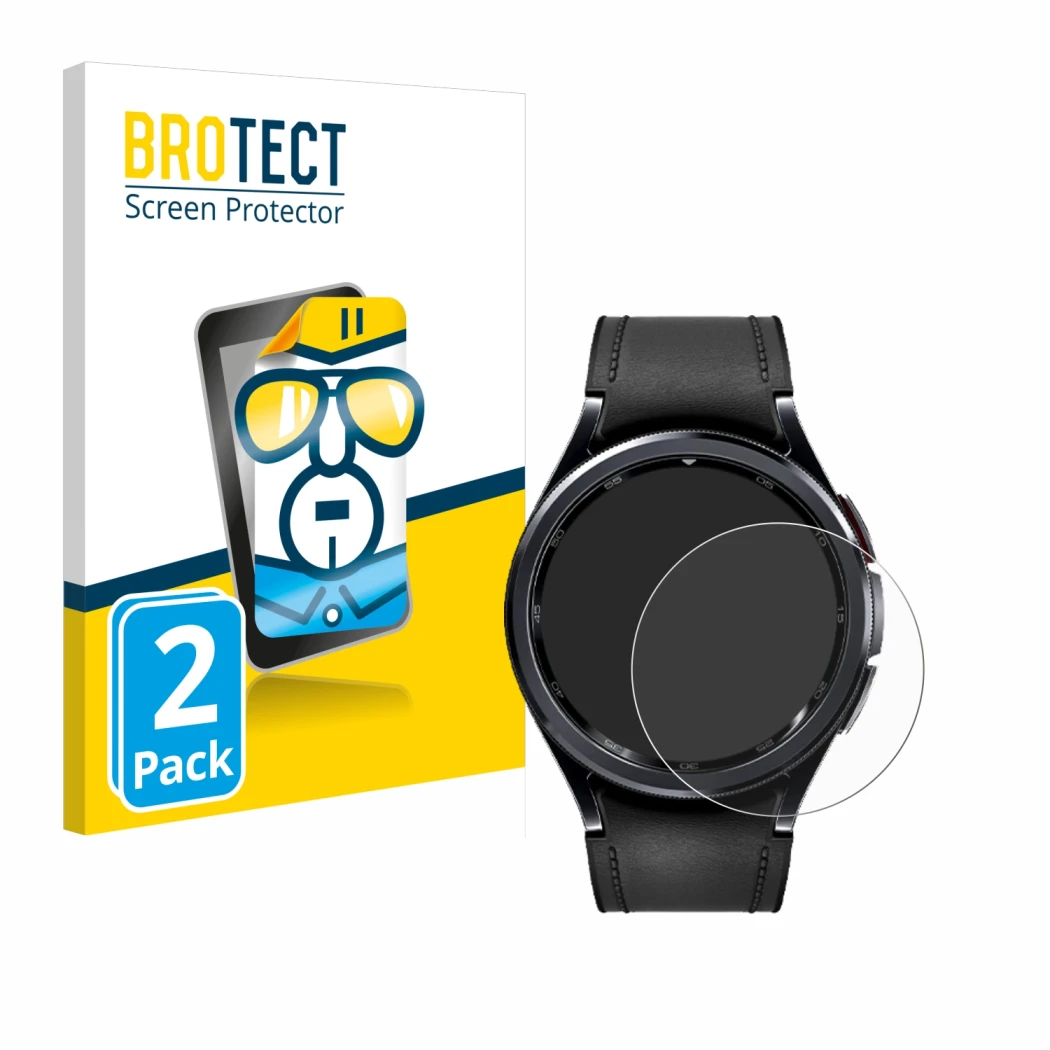 Front side of a product packaging with the brand logo BROTECT. Next to it is the device Samsung Galaxy Watch 6 Classic (47 mm)