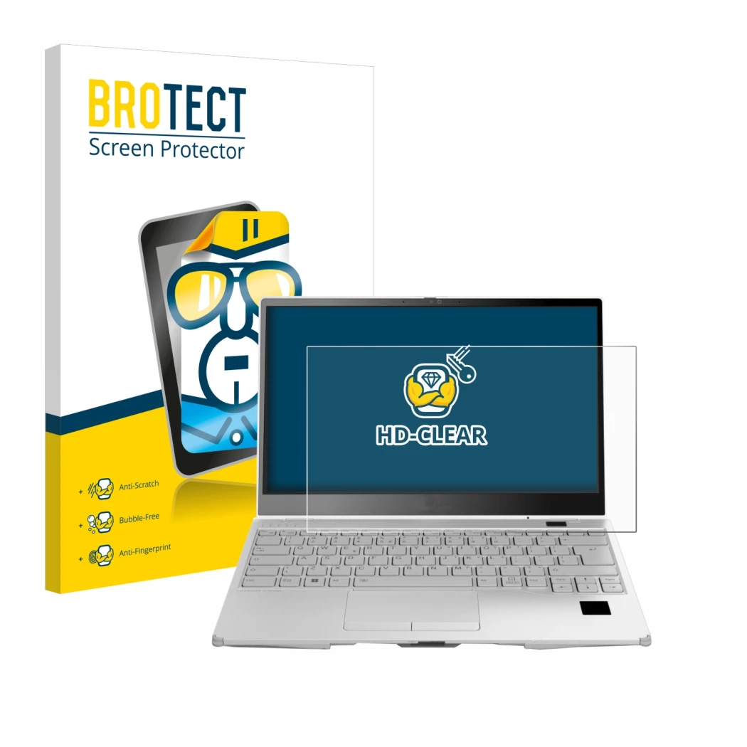 Front side of a product packaging with the brand logo BROTECT. Next to it is the device Fujitsu Lifebook U9313X shown with the