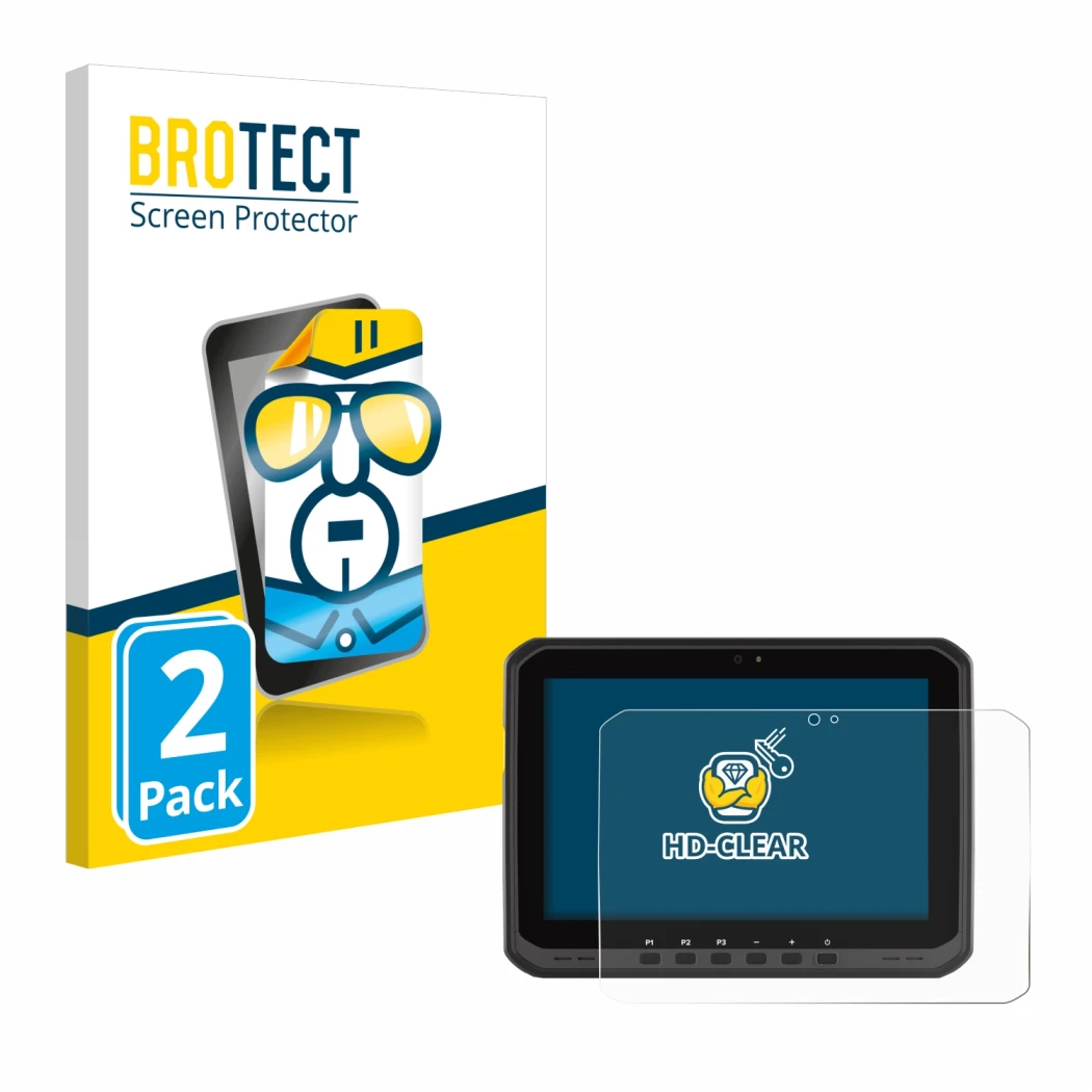 Front side of a product packaging with the brand logo BROTECT. Next to it is the device Zebra ET65 shown with the correspondin