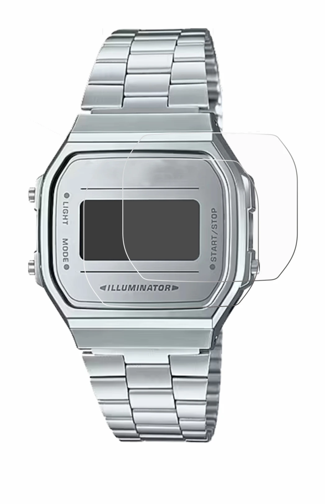 Image of the device Casio A168WEM-7EF with a wide variety of screen protectors.