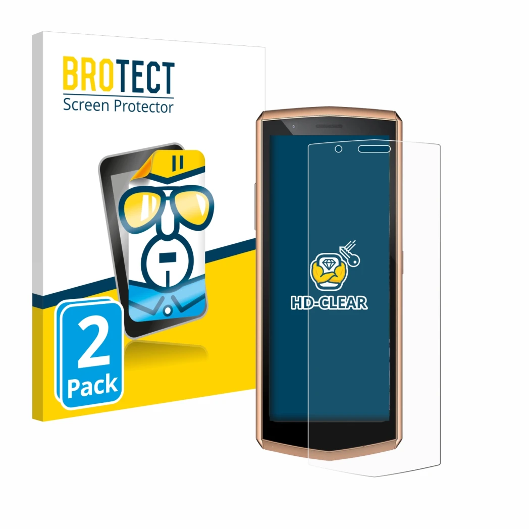 Front side of a product packaging with the brand logo BROTECT. Next to it is the device Cubot Pocket 3 shown with the correspo