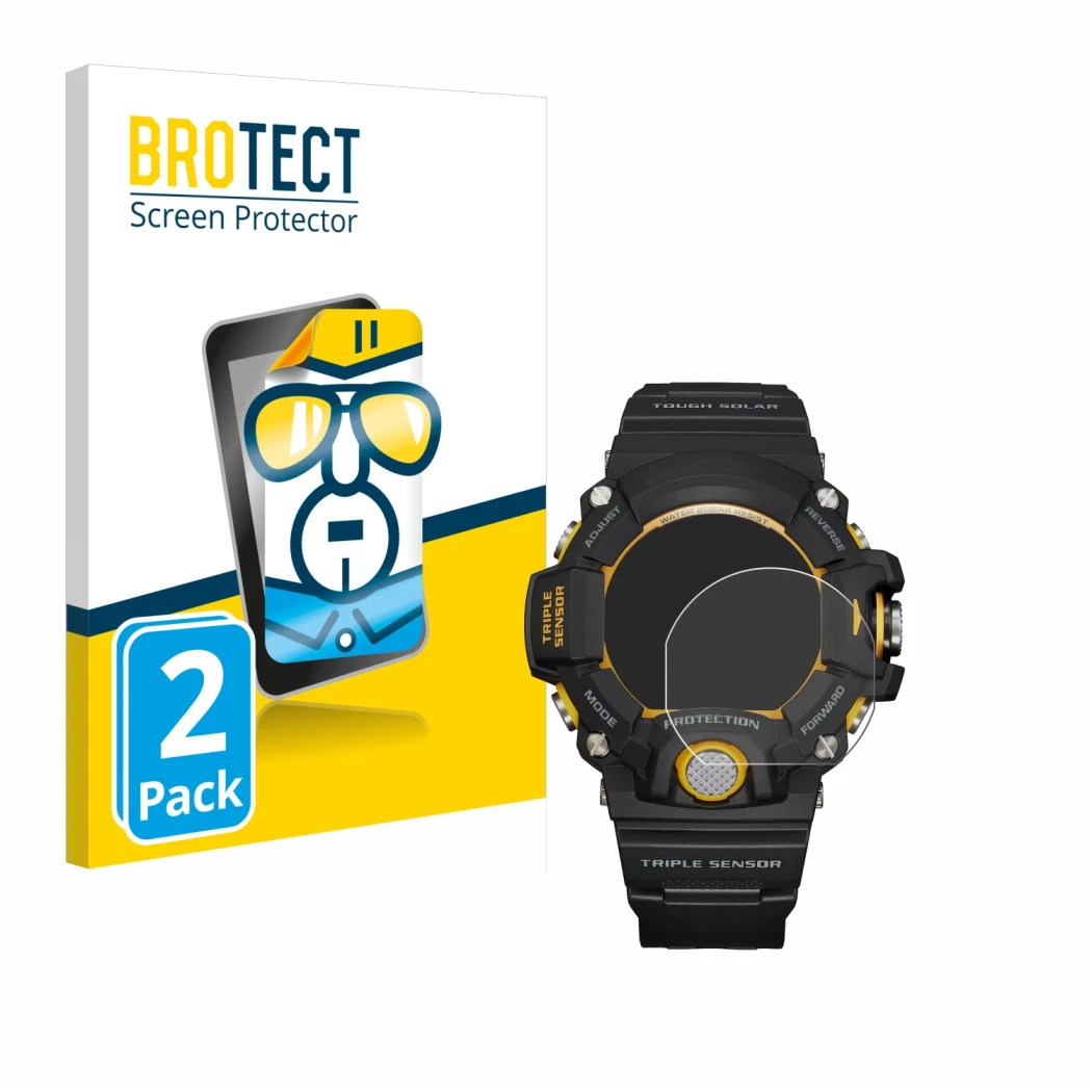 Front side of a product packaging with the brand logo BROTECT. Next to it is the device Casio G-Shock GW-9400Y-1 shown with th