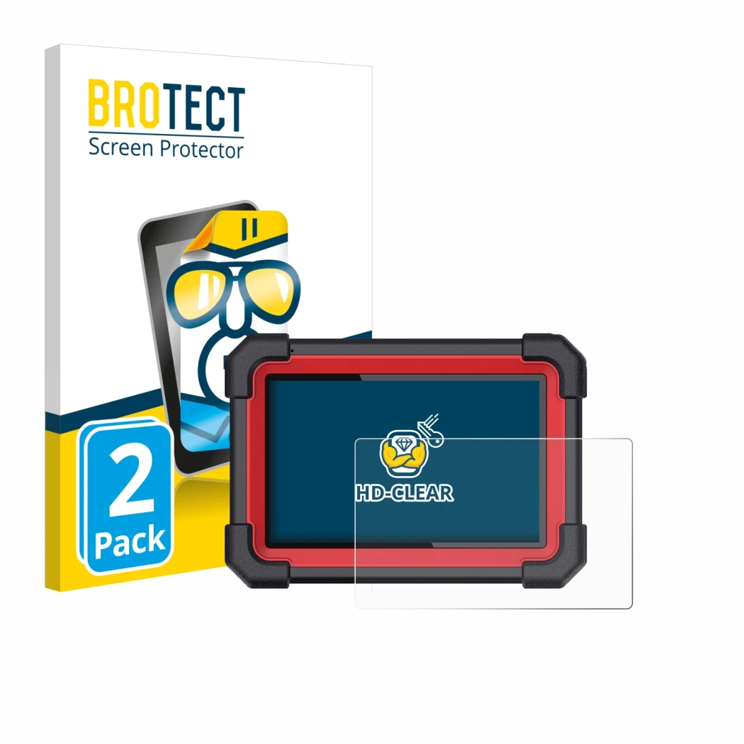 Front side of a product packaging with the brand logo BROTECT. Next to it is the device Launch X-431 CRP 919E BT shown with th