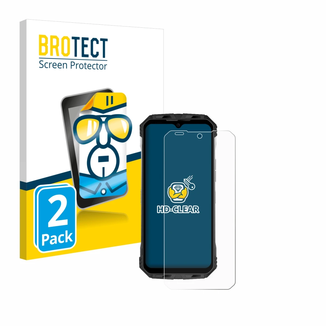 Front side of a product packaging with the brand logo BROTECT. Next to it is the device Doogee S110 shown with the correspondi