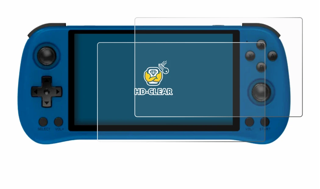 Image of the device Powkiddy X55 with a wide variety of screen protectors.