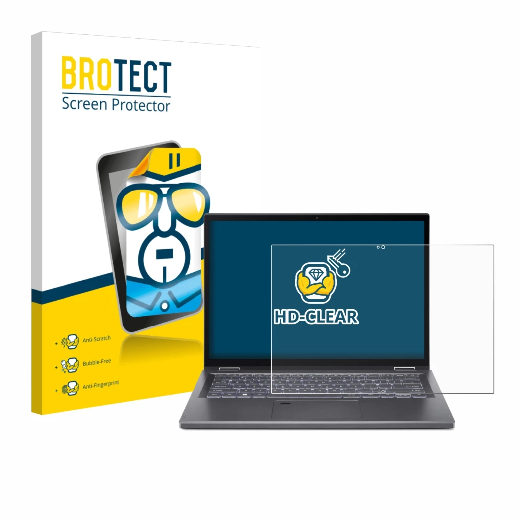 Front side of a product packaging with the brand logo BROTECT. Next to it is the device Acer Aspire 5 Spin 14 shown with the c