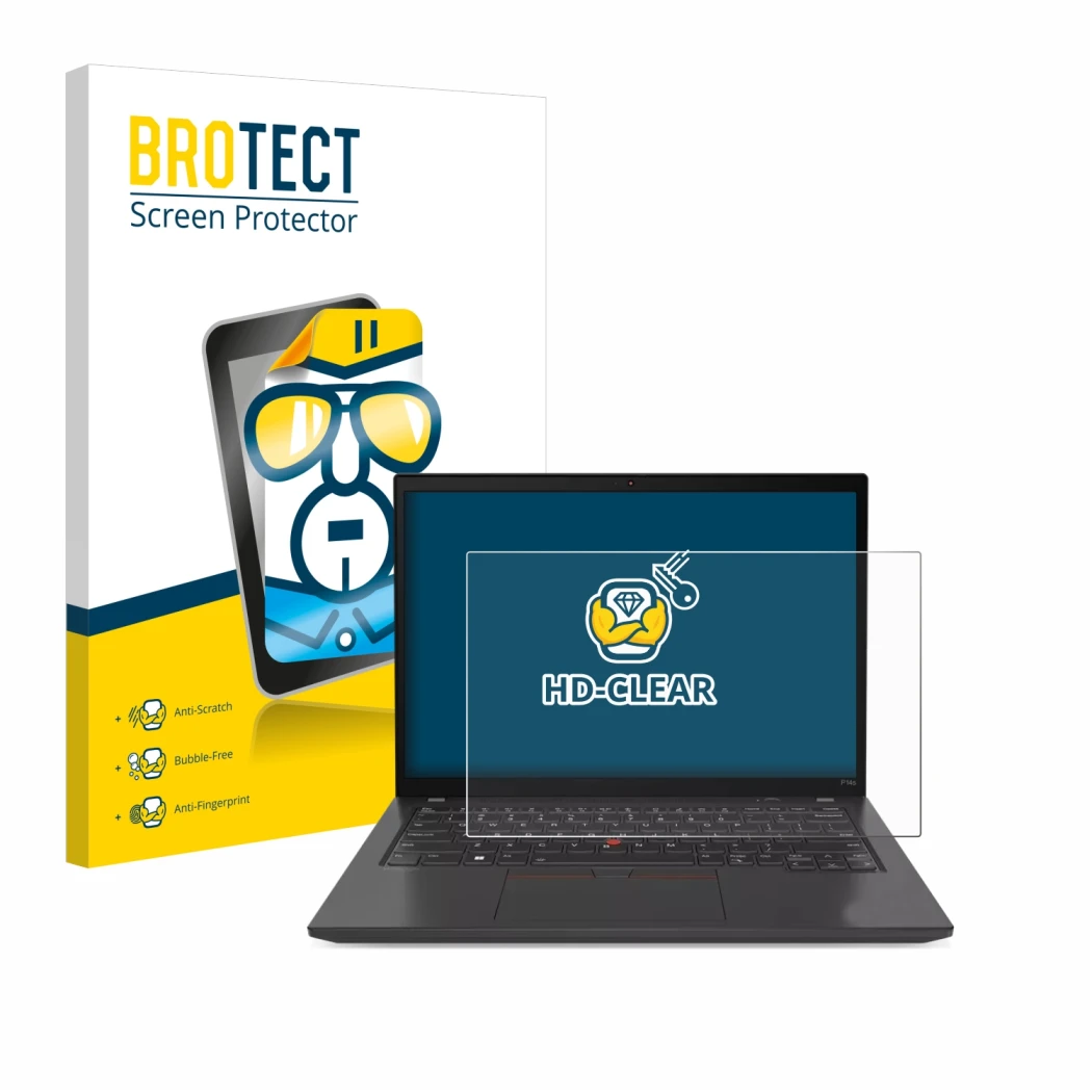 Front side of a product packaging with the brand logo BROTECT. Next to it is the device Lenovo ThinkPad P14s Gen 4 shown with