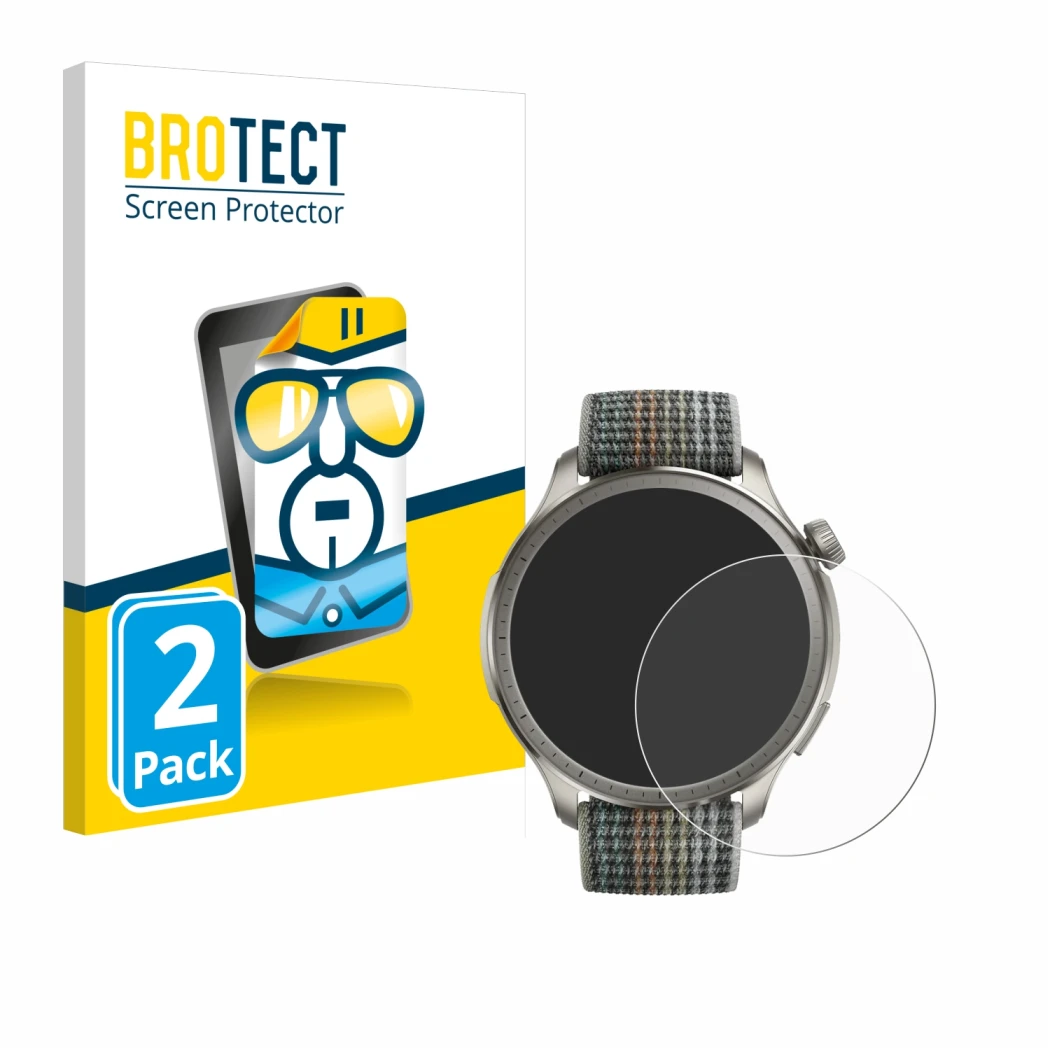 Front side of a product packaging with the brand logo BROTECT. Next to it is the device Huami Amazfit Balance shown with the c