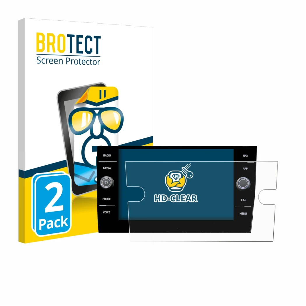 Front side of a product packaging with the brand logo BROTECT. Next to it is the device Volkswagen Taigo Discover Media 8” 202