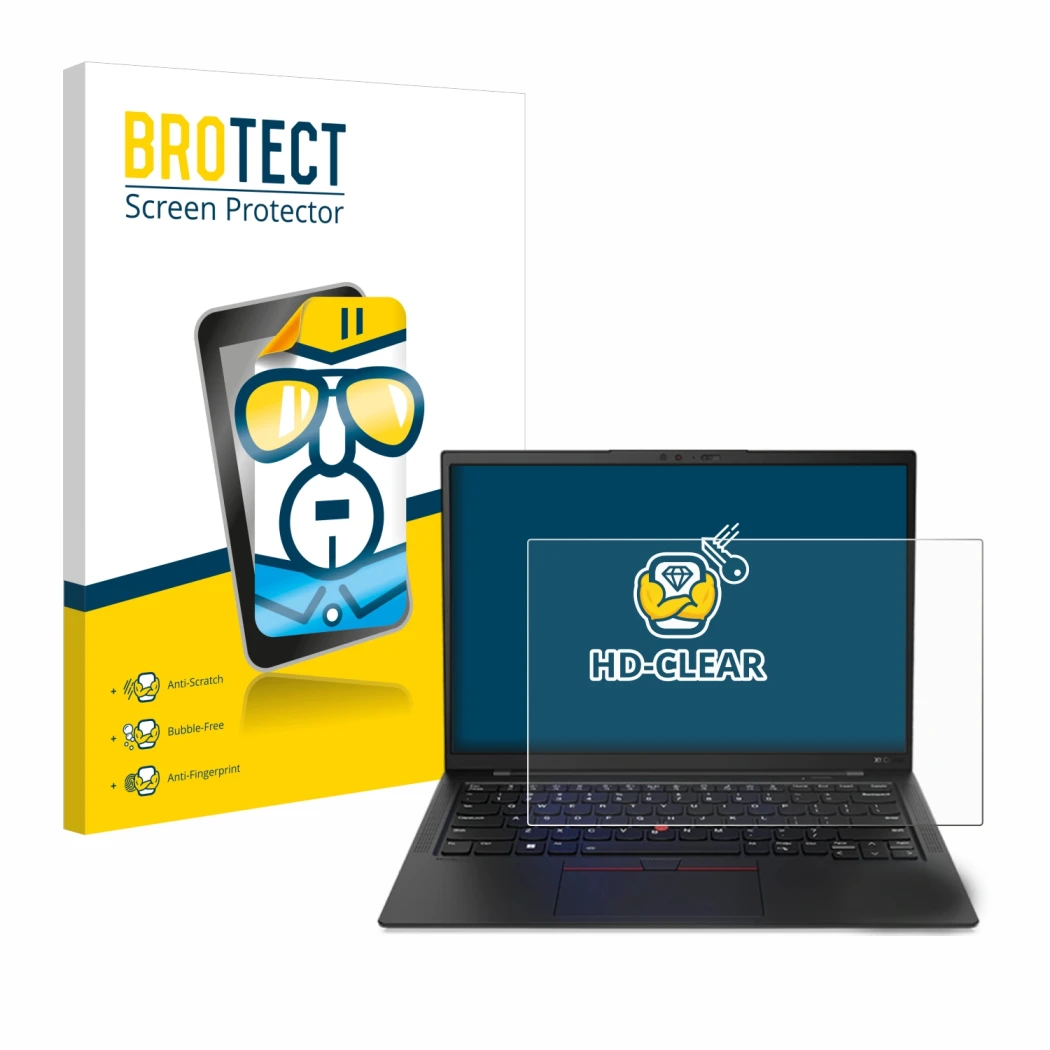Front side of a product packaging with the brand logo BROTECT. Next to it is the device Lenovo ThinkPad X1 Carbon 14