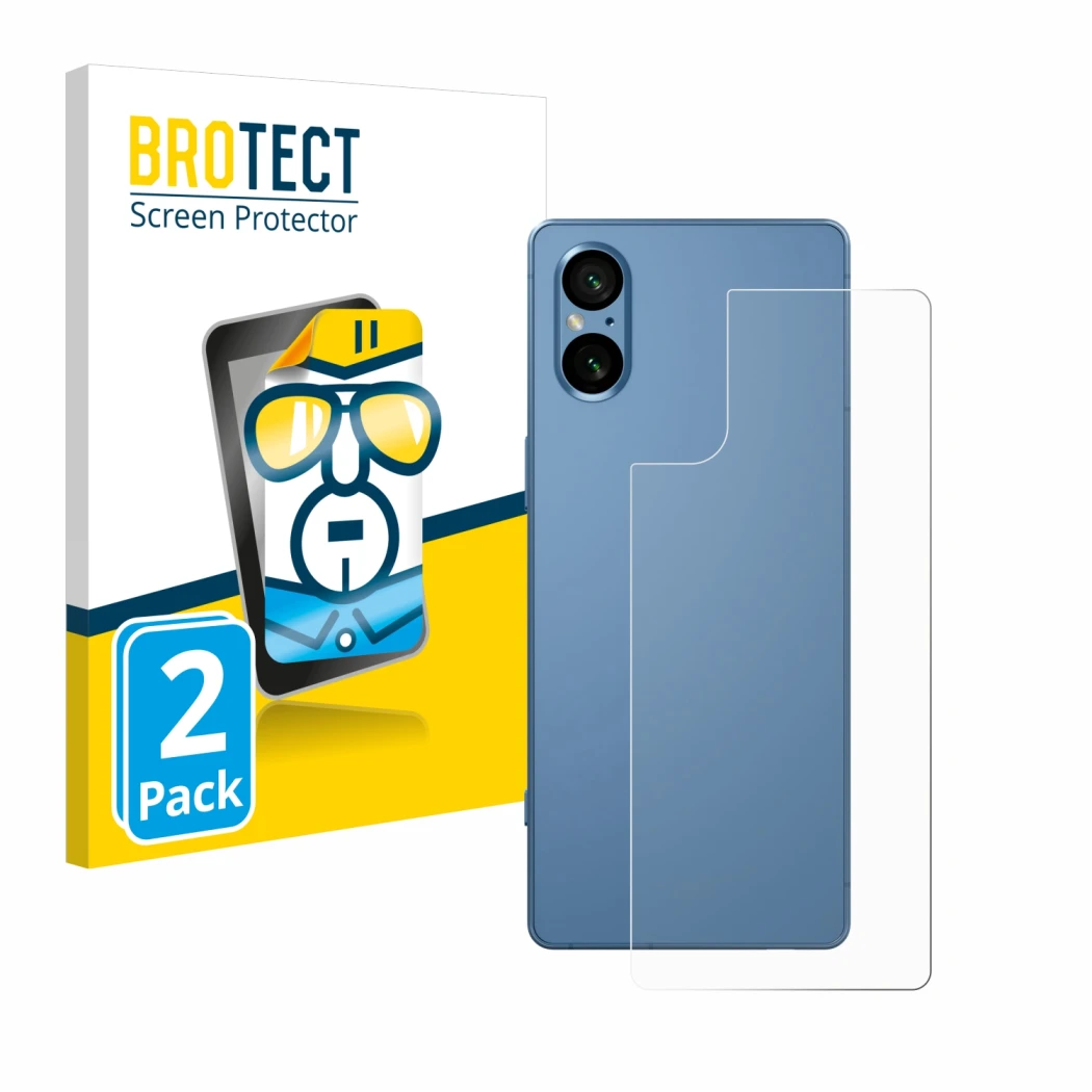 Front side of a product packaging with the brand logo BROTECT. Next to it is the device Sony Xperia 5 V (Back) shown with the