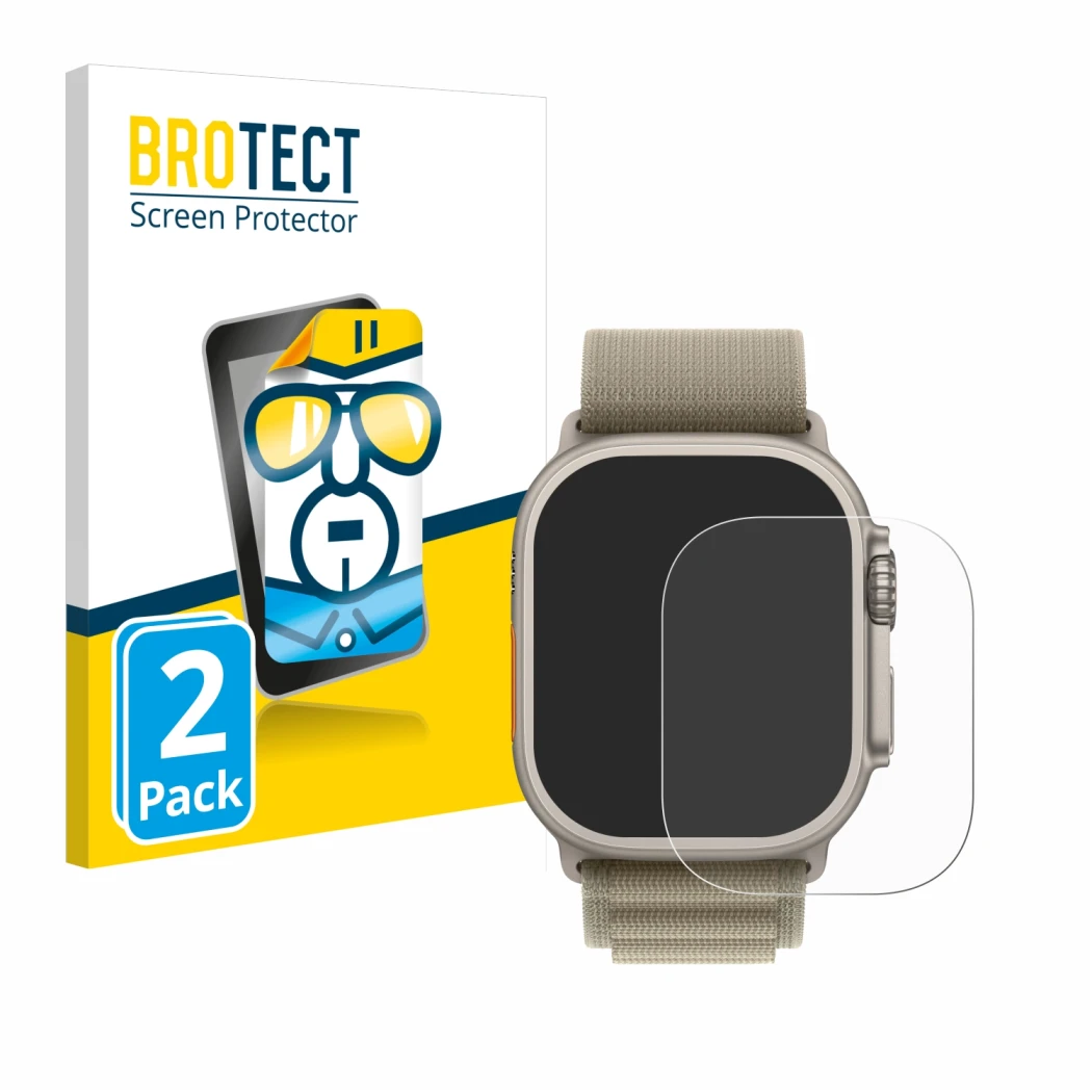 Front side of a product packaging with the brand logo BROTECT. Next to it is the device Apple Watch Ultra 2 (49 mm) shown with