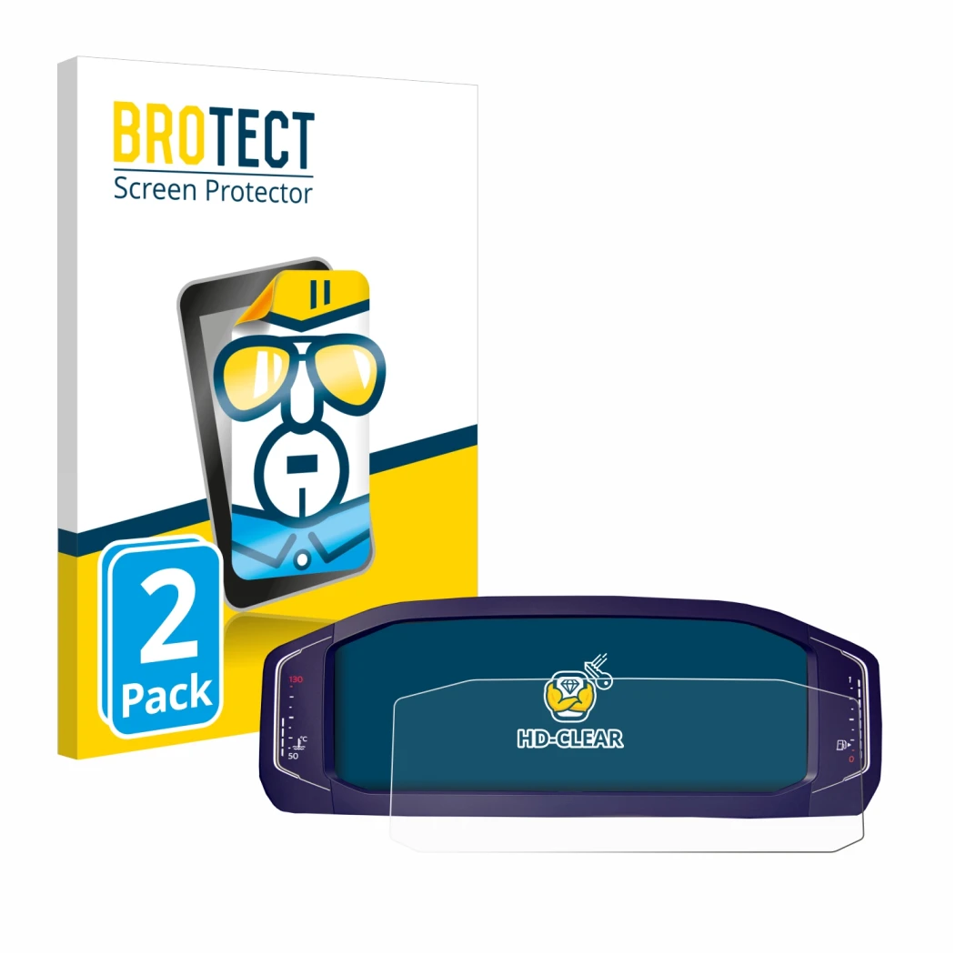 Front side of a product packaging with the brand logo BROTECT. Next to it is the device Volkswagen Passat B8 Digital Cockpit 1