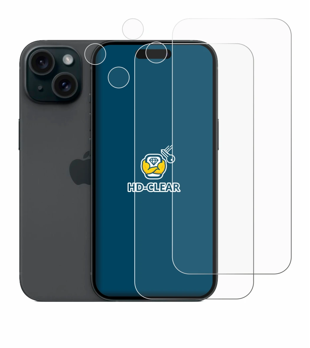 Image of the device Apple iPhone 15 (Front+Camera) with a wide variety of screen protectors.