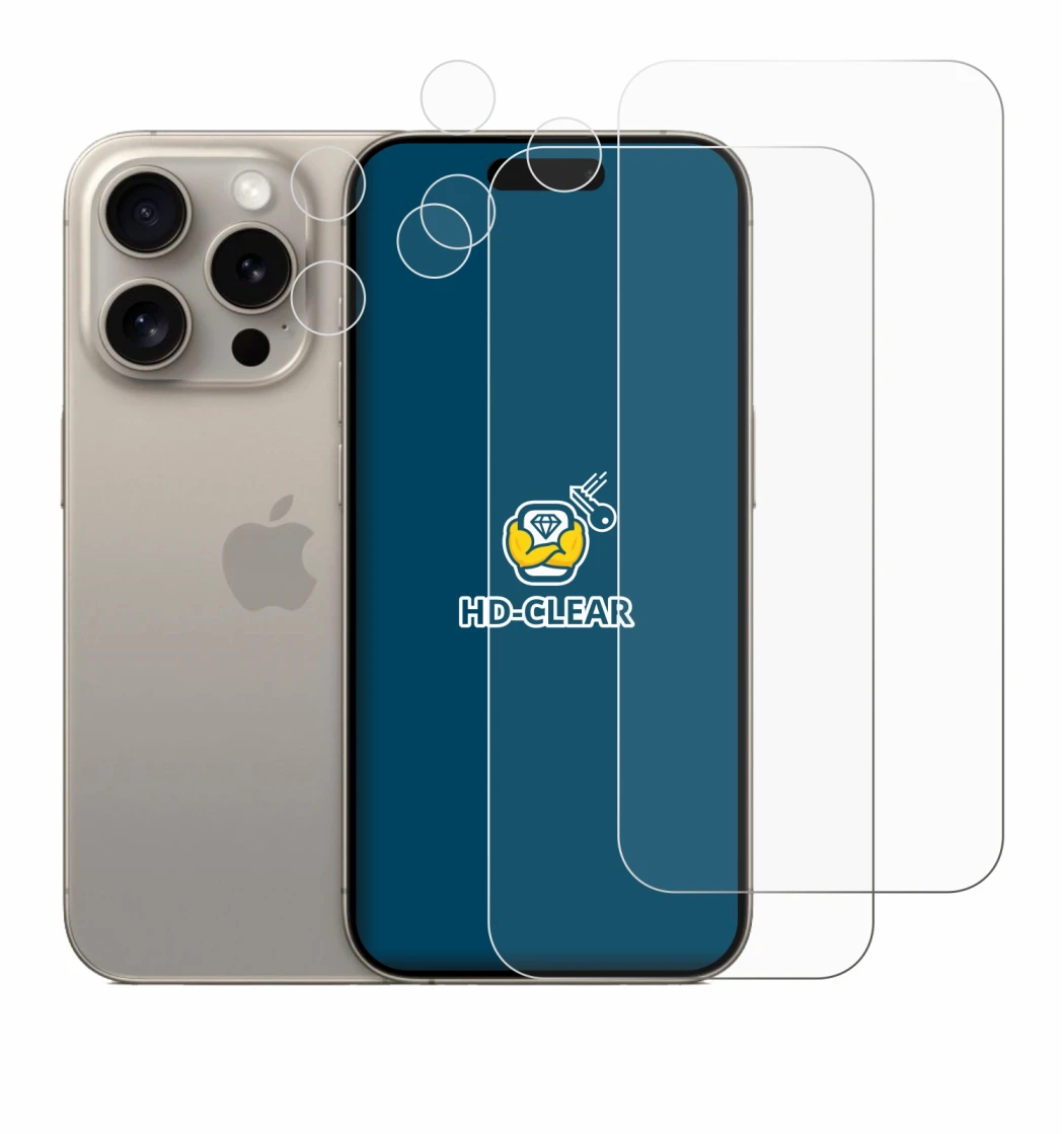 Image of the device Apple iPhone 15 Pro (Front+Camera) with a wide variety of screen protectors.