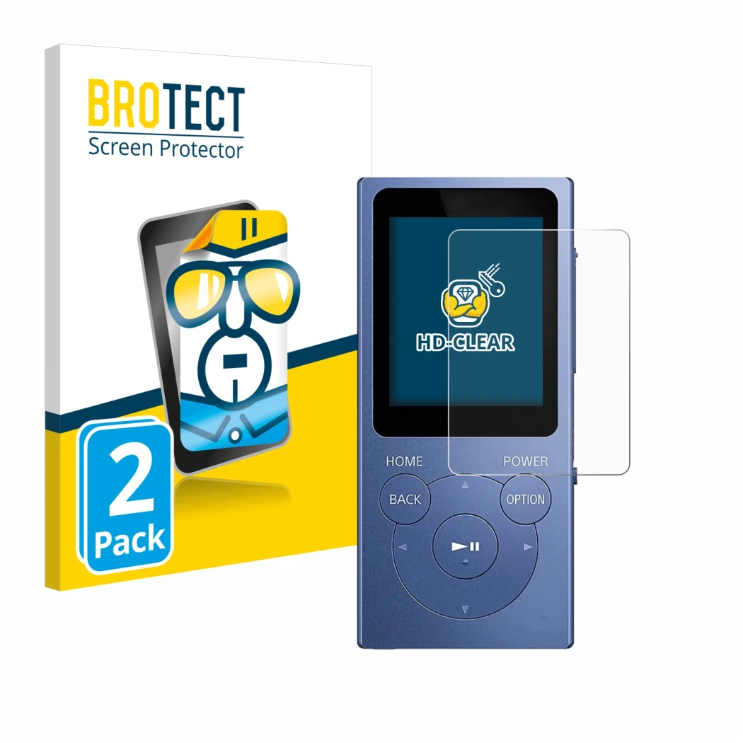 Front side of a product packaging with the brand logo BROTECT. Next to it is the device Sony Walkman NW-E394 shown with the co