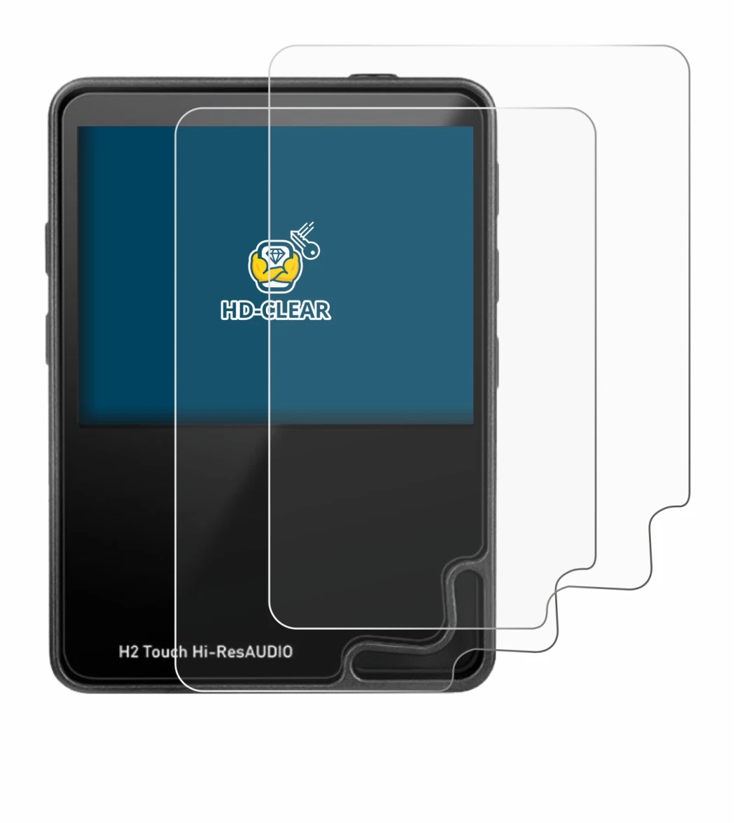Image of the device HifiWalker H2 touch with a wide variety of screen protectors.