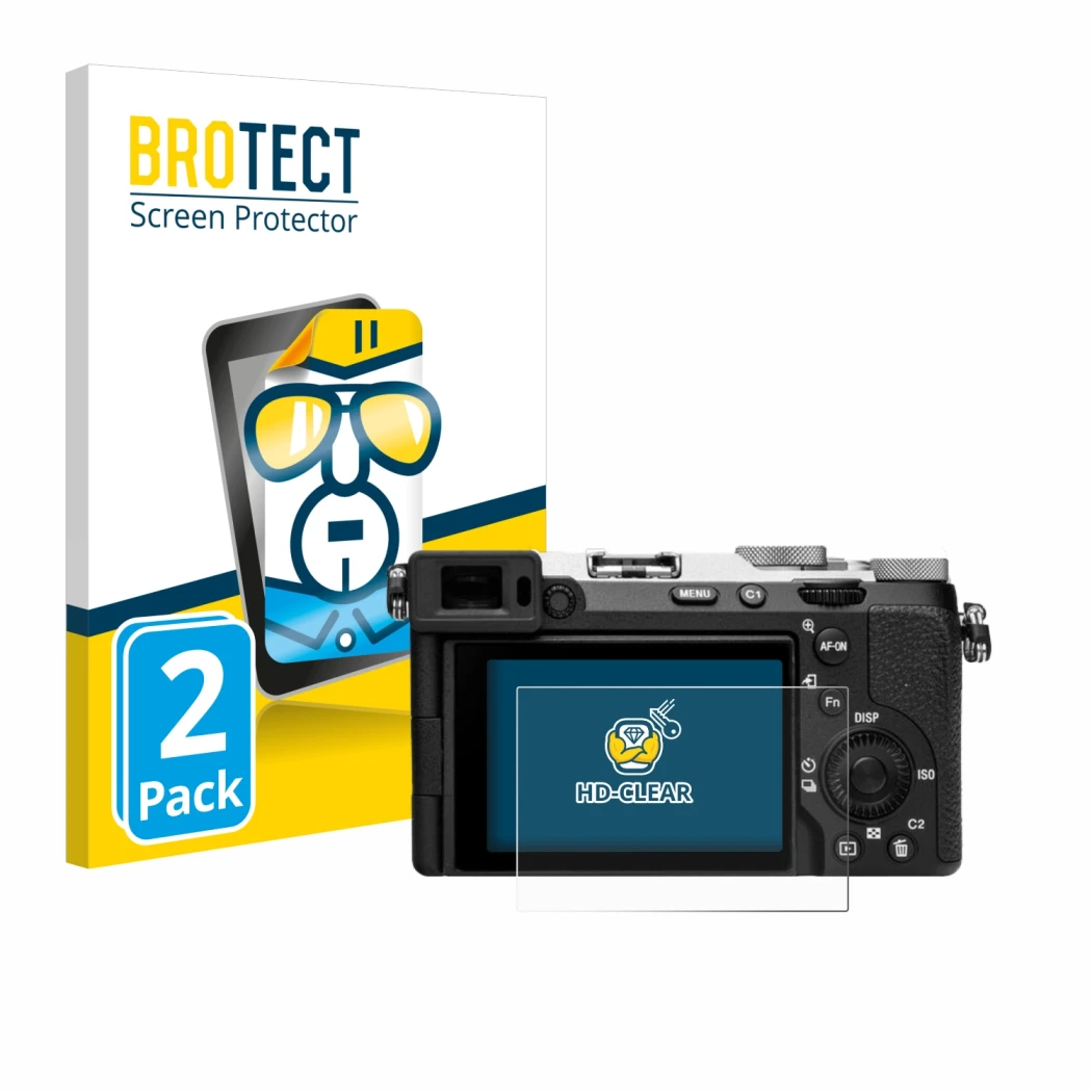 Front side of a product packaging with the brand logo BROTECT. Next to it is the device Sony Alpha 7C II (ILCE-7CM2) shown wit