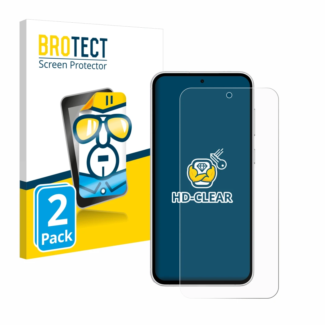 Front side of a product packaging with the brand logo BROTECT. Next to it is the device Samsung Galaxy S23 FE shown with the c