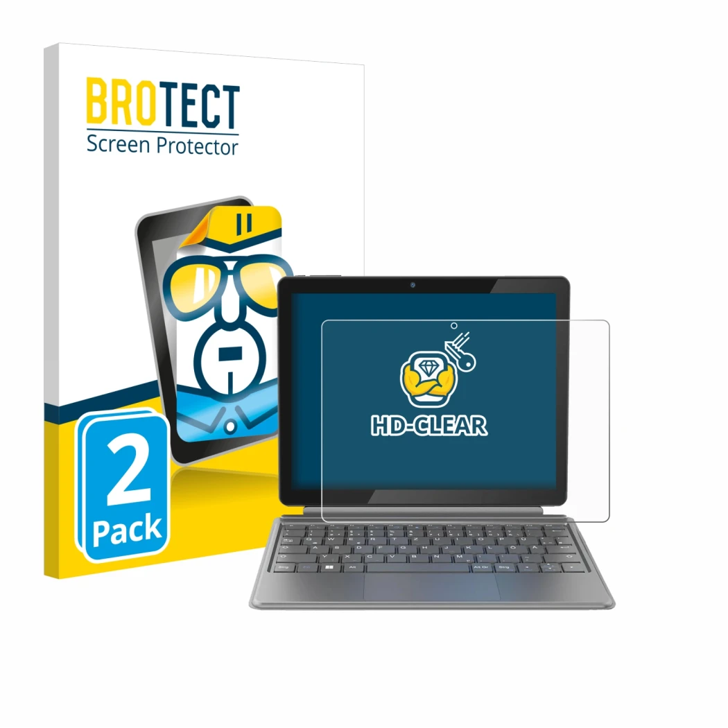 Front side of a product packaging with the brand logo BROTECT. Next to it is the device Alldocube iWork 20 Pro shown with the