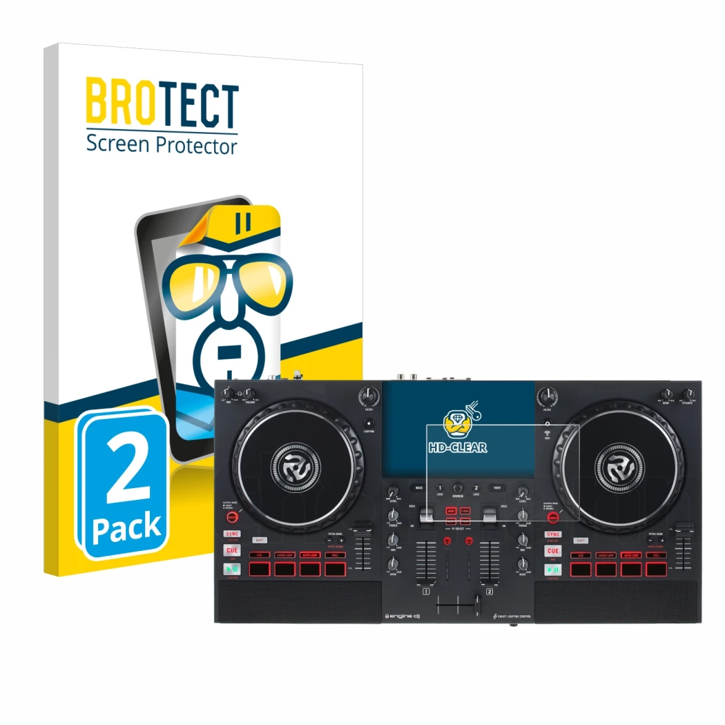 Front side of a product packaging with the brand logo BROTECT. Next to it is the device Numark Mixstream Pro+ shown with the c