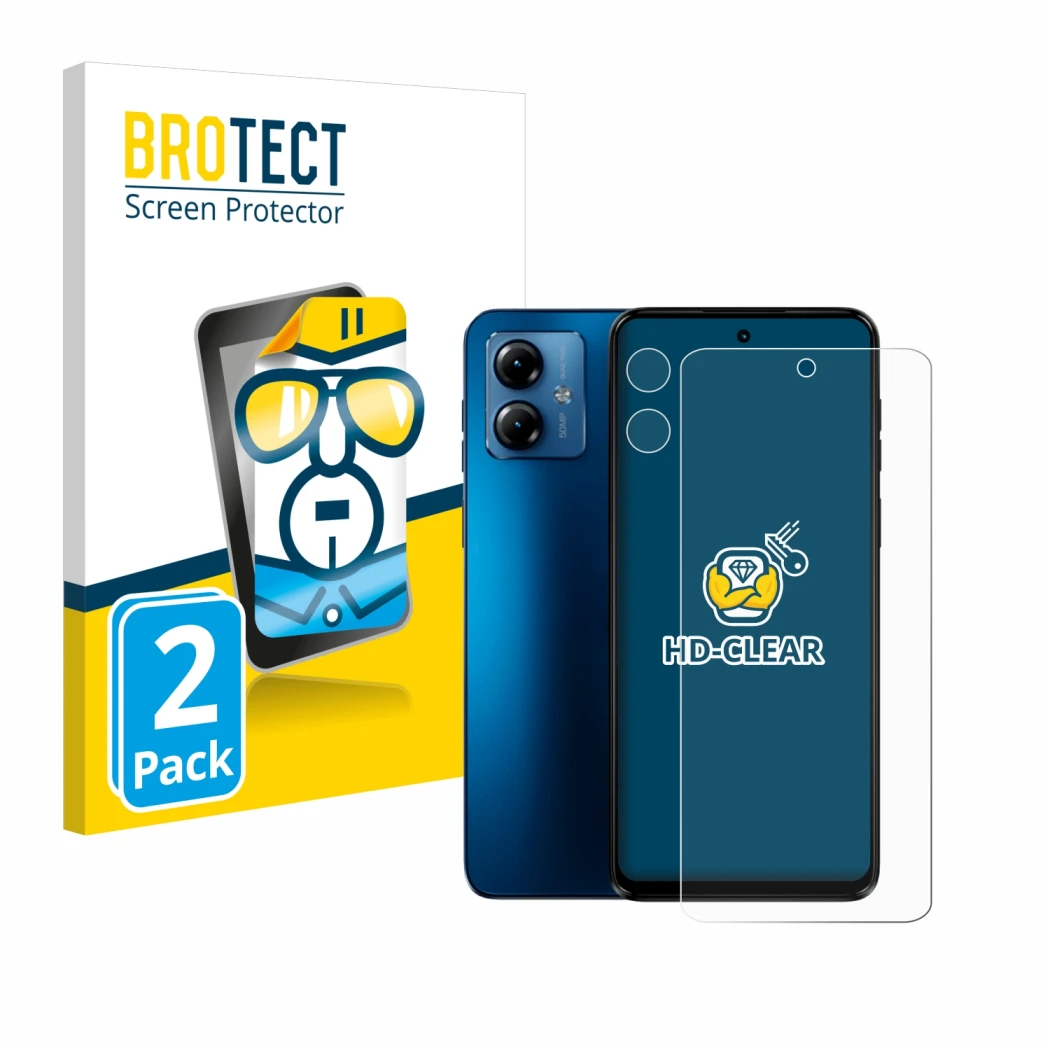 Front side of a product packaging with the brand logo BROTECT. Next to it is the device Motorola Moto G14 (Front+Camera) shown