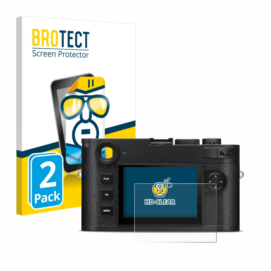 Front side of a product packaging with the brand logo BROTECT. Next to it is the device Leica M11-P shown with the correspondi