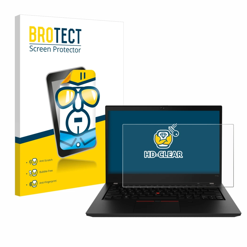 Front side of a product packaging with the brand logo BROTECT. Next to it is the device Lenovo ThinkPad P14s Gen 2 shown with