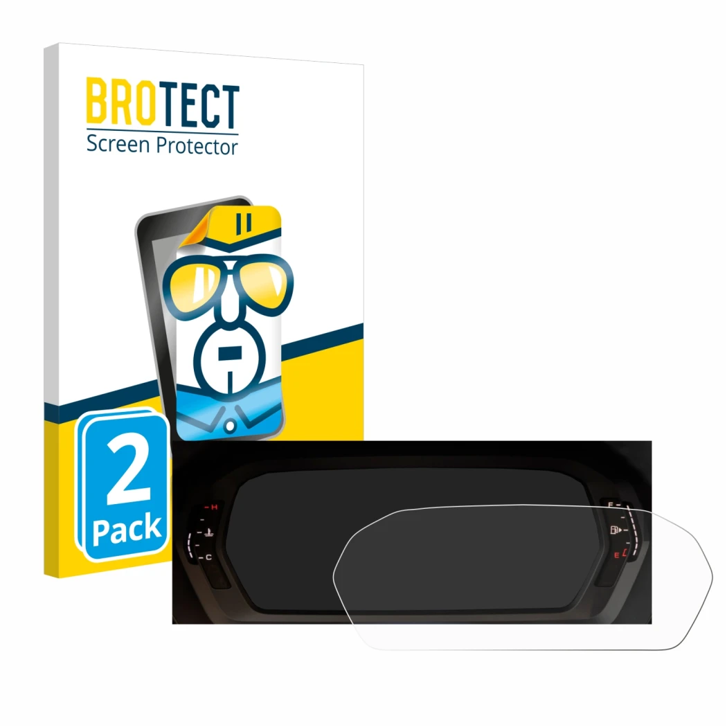 Front side of a product packaging with the brand logo BROTECT. Next to it is the device Audi A3 2023 Virtual cockpit shown wit