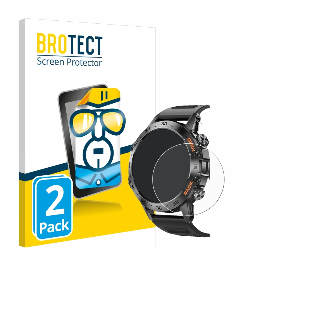 Front side of a product packaging with the brand logo BROTECT. Next to it is the device Lemfo Smartwatch 1.39