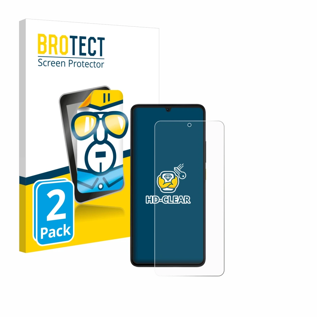 Front side of a product packaging with the brand logo BROTECT. Next to it is the device Xiaomi Poco X6 Pro shown with the corr