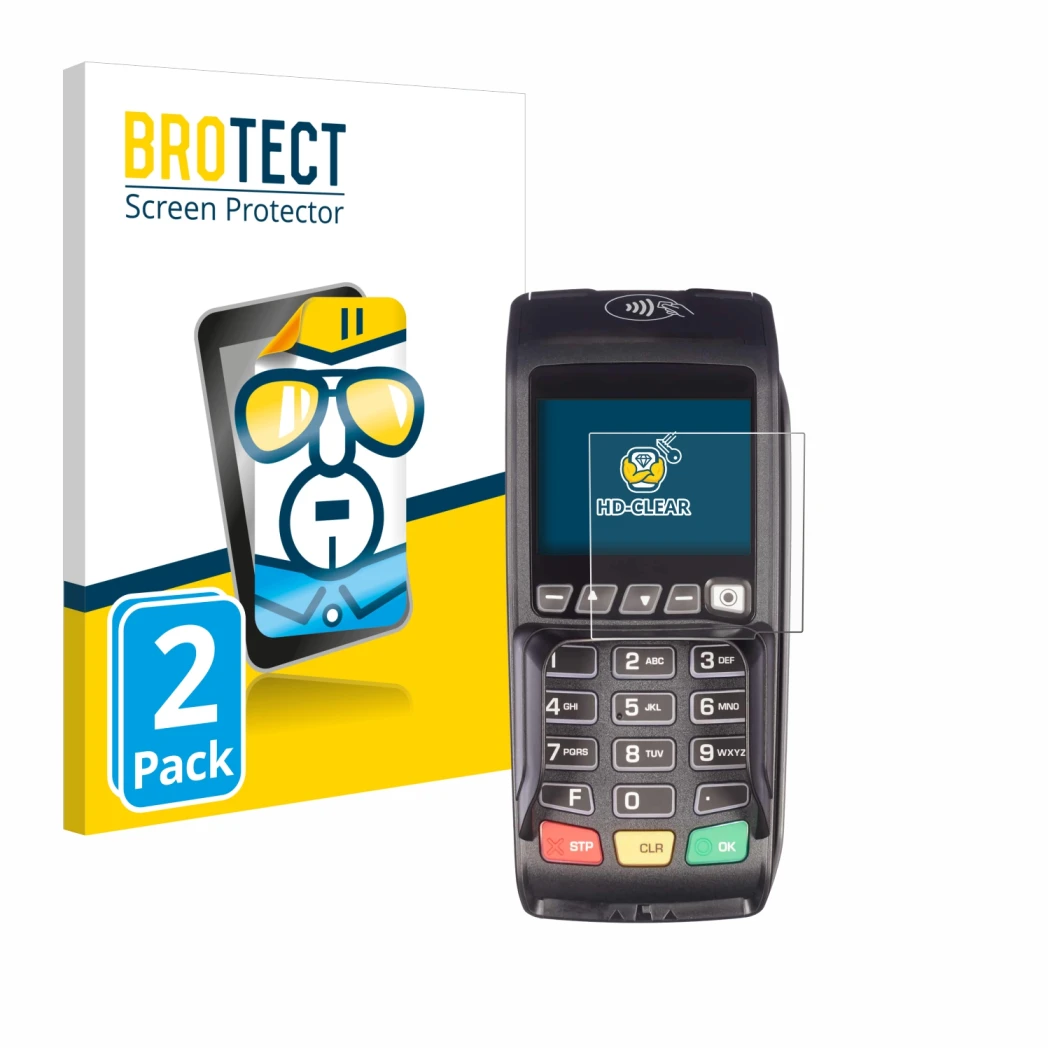 Front side of a product packaging with the brand logo BROTECT. Next to it is the device ingenico Desk/3500 shown with the corr