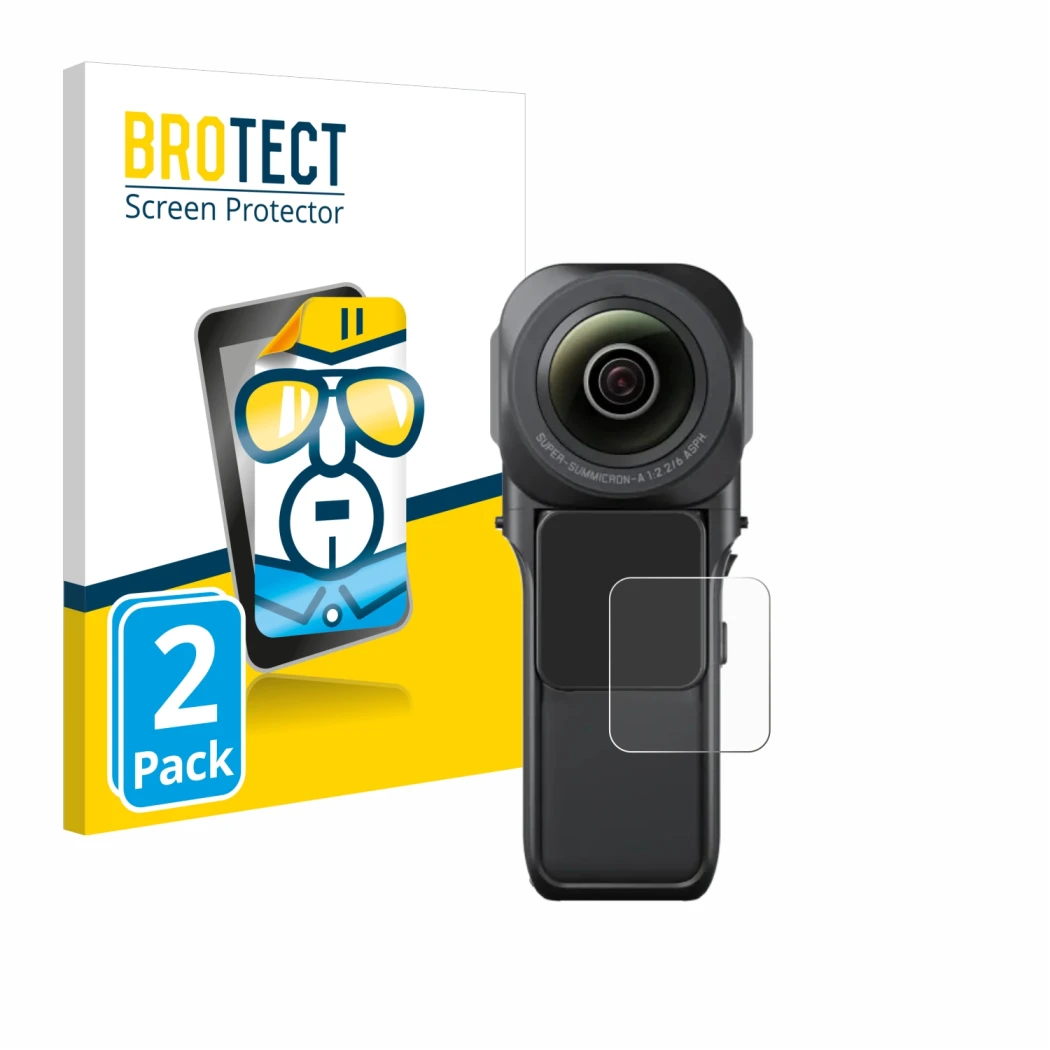 Front side of a product packaging with the brand logo BROTECT. Next to it is the device Insta360 One RS 1-Zoll 360 shown with