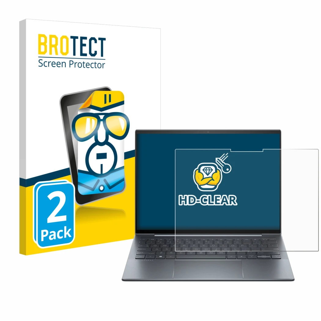 Front side of a product packaging with the brand logo BROTECT. Next to it is the device HP Dragonfly G4 Non-Touch shown with t