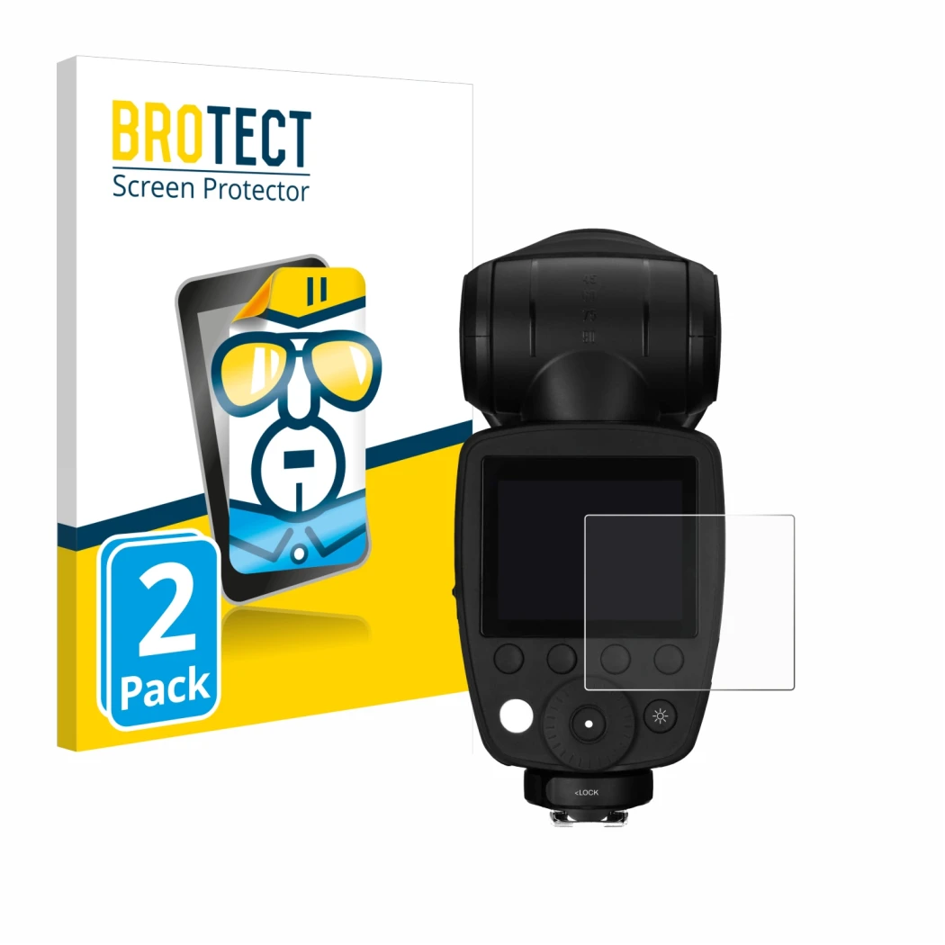Front side of a product packaging with the brand logo BROTECT. Next to it is the device Profoto A10 shown with the correspondi