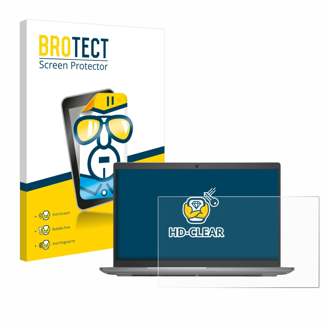 Front side of a product packaging with the brand logo BROTECT. Next to it is the device Dell Latitude 5540 shown with the corr