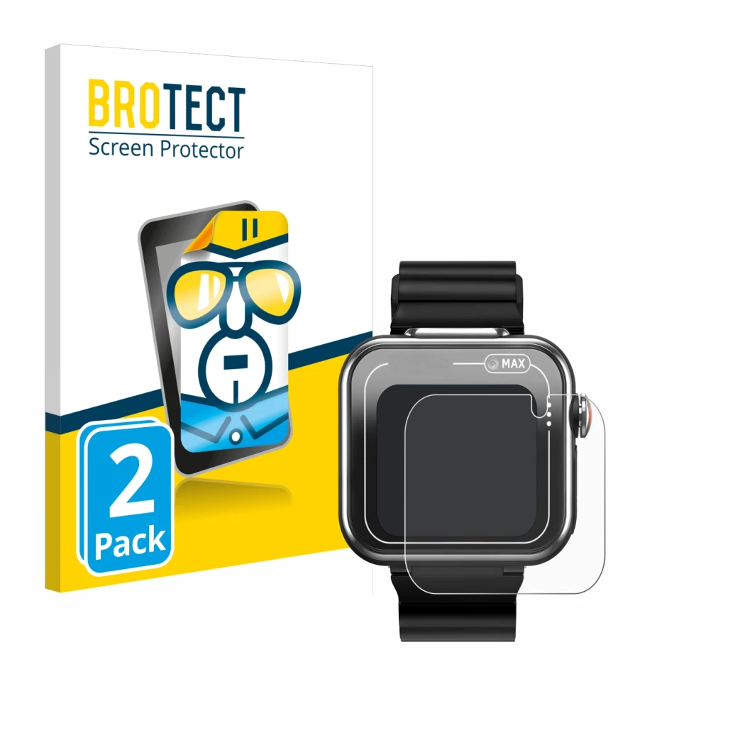 Front side of a product packaging with the brand logo BROTECT. Next to it is the device Vtech Kidizoom Smartwatch MAX shown wi