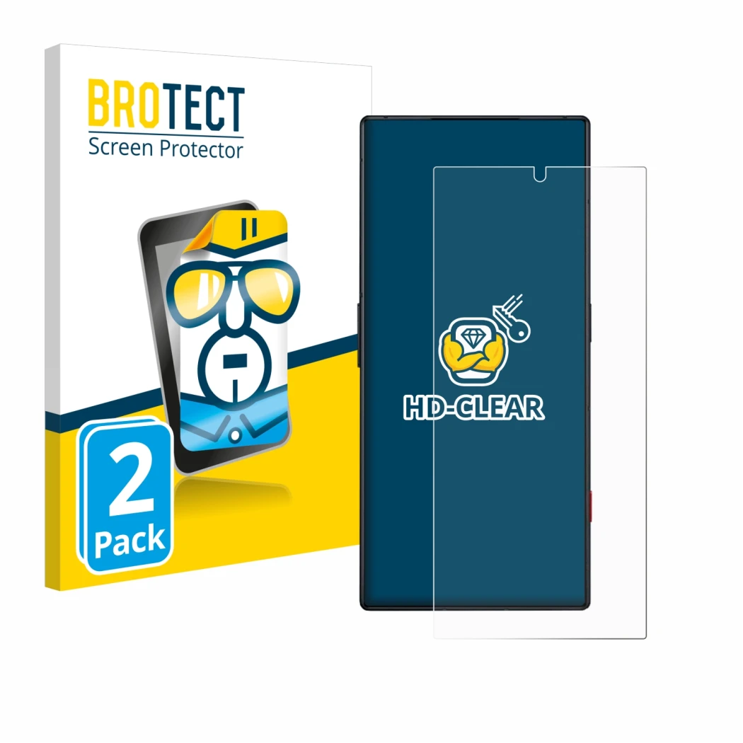 Front side of a product packaging with the brand logo BROTECT. Next to it is the device ZTE Nubia Red Magic 8 Pro shown with t