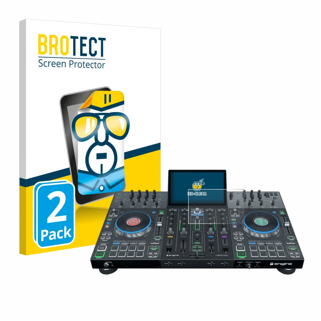 Front side of a product packaging with the brand logo BROTECT. Next to it is the device Denon DJ Prime 4+ shown with the corre
