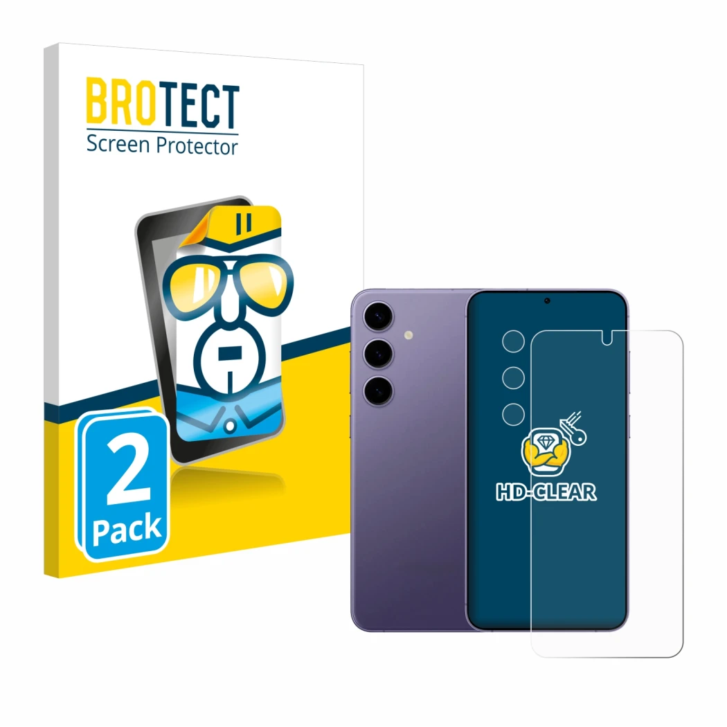 Front side of a product packaging with the brand logo BROTECT. Next to it is the device Samsung Galaxy S24 (Front+Camera) show