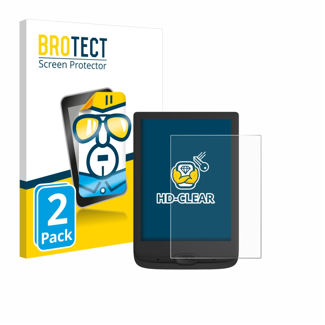 Front side of a product packaging with the brand logo BROTECT. Next to it is the device PocketBook Basic Lux 4 shown with the