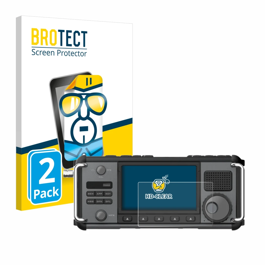 Front side of a product packaging with the brand logo BROTECT. Next to it is the device Xiegu X6200 shown with the correspondi