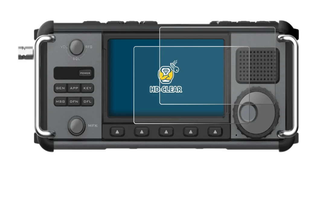 Image of the device Xiegu X6200 with a wide variety of screen protectors.